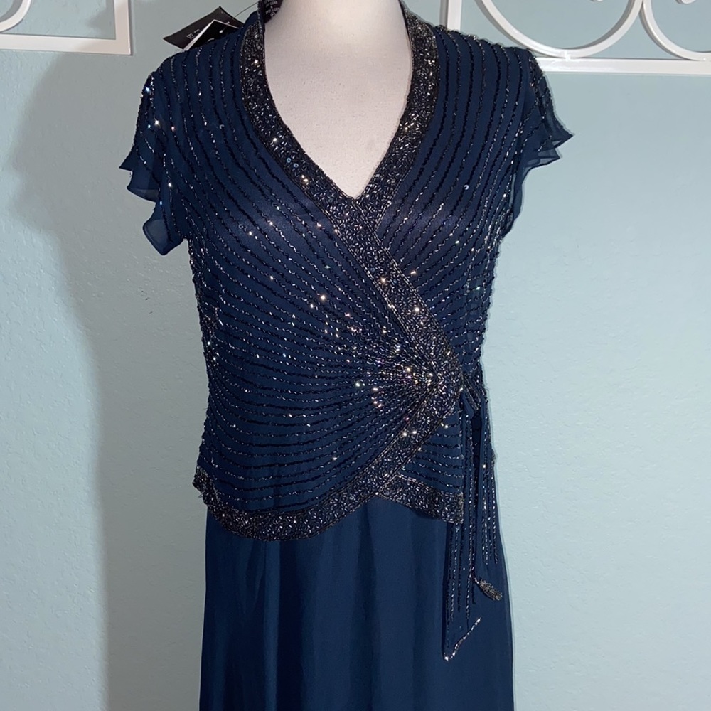 Nwt JKara  Navy Chiffon Embellished Evening Dress Gown - Picture 8 of 14